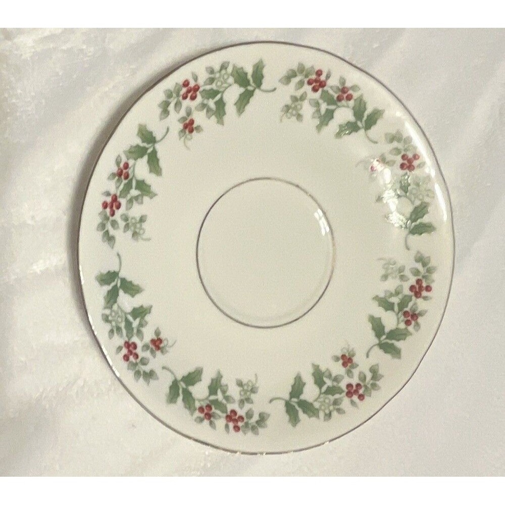 Gibson Holiday Christmas Charm Round Saucer White Green Red Gold Trim Glossy